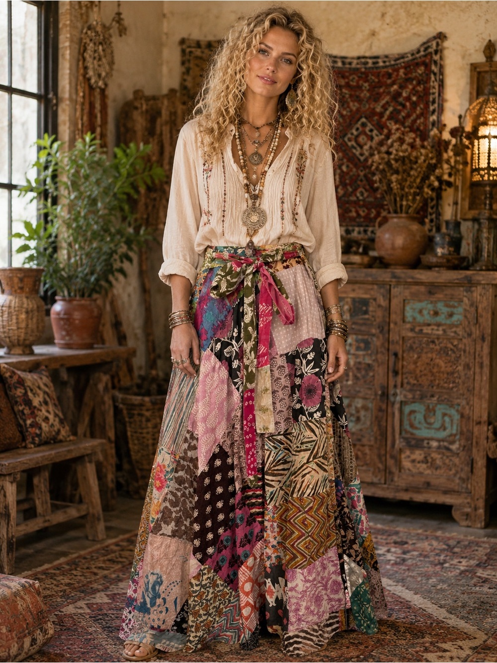 H266 NWT Jaded Gypsy OS Patchwork Tie-Waist Maxi Wrap Skirt in Multicolor